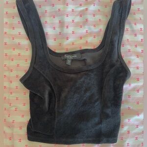 Cozy Black Velvet Plush Cropped Tank Top Scoop Neckline